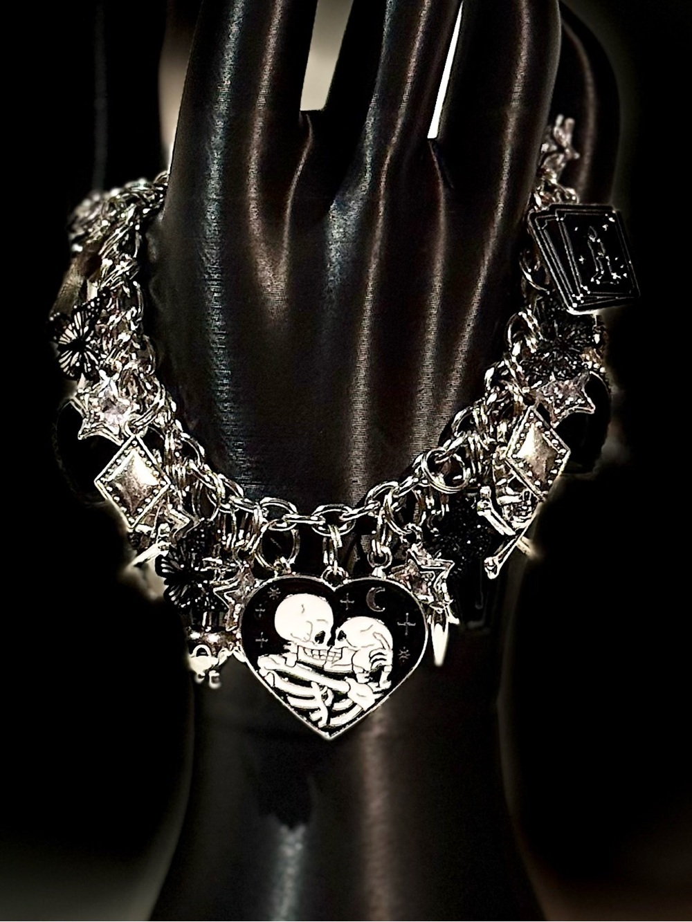Silver Tone Gothic Charm Bracelet with Heart Skeleton Pendant